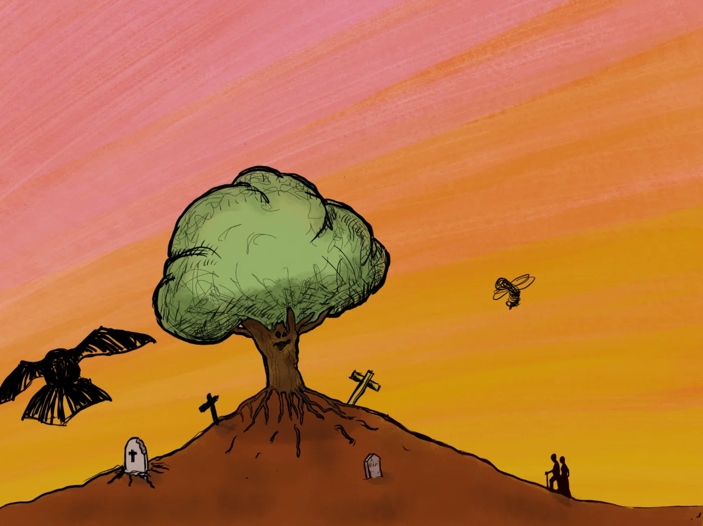 Dessin HEEBOO : un grand arbre poussé au sommet d’une colline-cimetière, un corbeau et une abeille dans un ciel de coucher de soleil rose, orange et jaune, deux silhouettes à l’horizon.